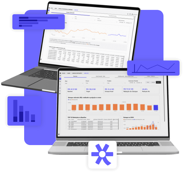 Tela de plataforma de previsão de demanda exibindo dashboards com gráficos de vendas, análise de dados e projeções para planejamento de estoque e supply chain.