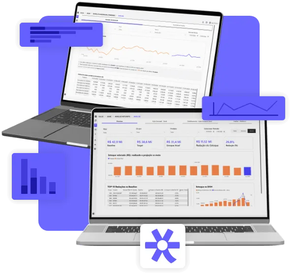 Tela de plataforma de previsão de demanda exibindo dashboards com gráficos de vendas, análise de dados e projeções para planejamento de estoque e supply chain.